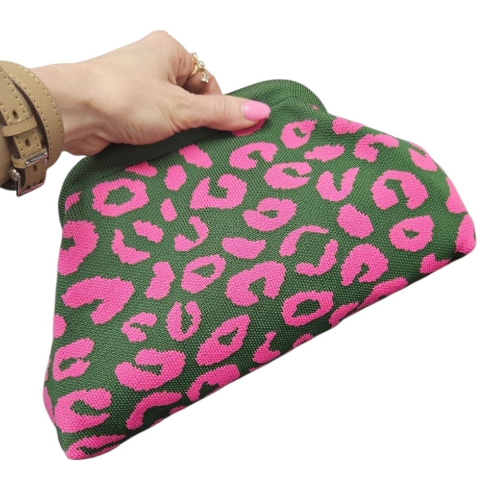 NEW Pink and Green Leopard Print Hinge Clutch